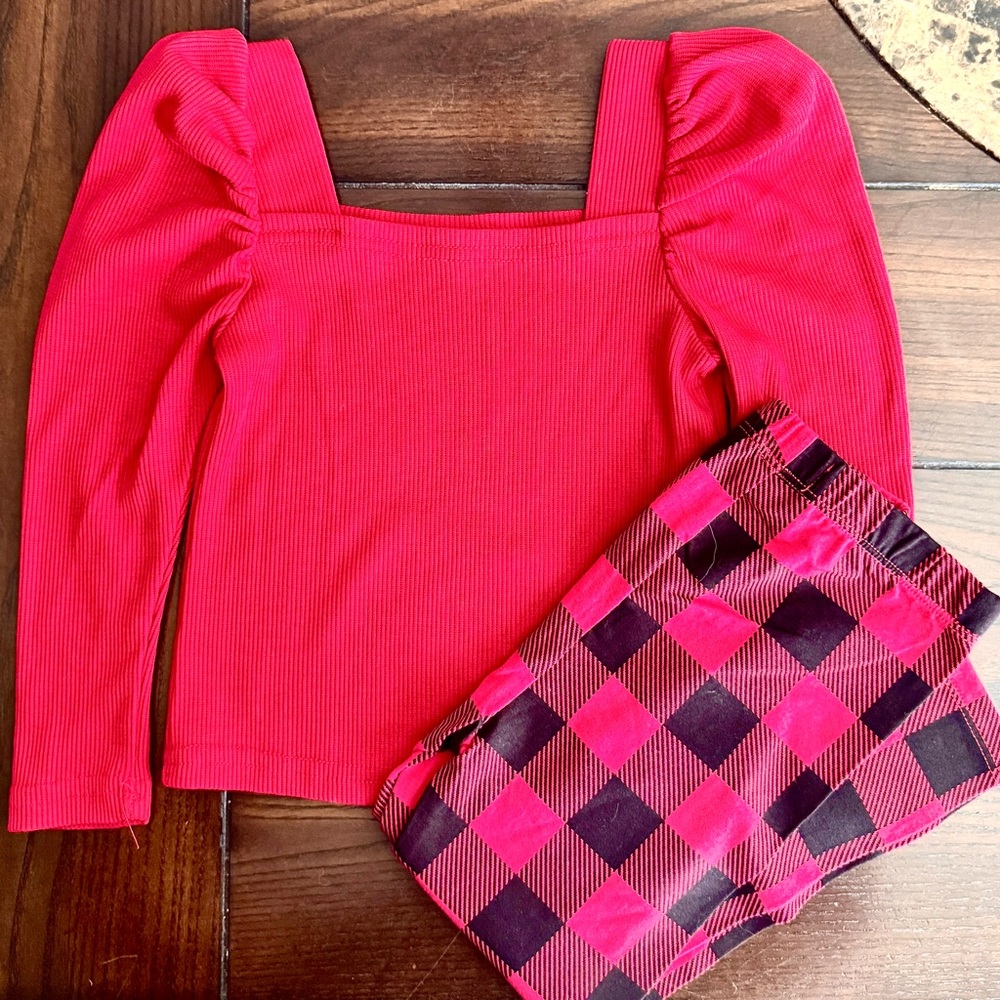Mud Pie‎ Red Buffalo Plaid Toddler Set Ribbed Puff Sleeve Top Leggings 24M 2T
